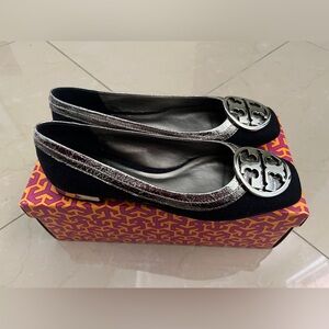 Brand new Tory Burch flats. Unique dark gray flannel fabric with silver trims.